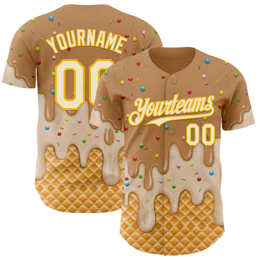Custom Tan Cream-Gold Ice Cream Waffle Foodie Dessert Authentic Baseball Jersey - Main View