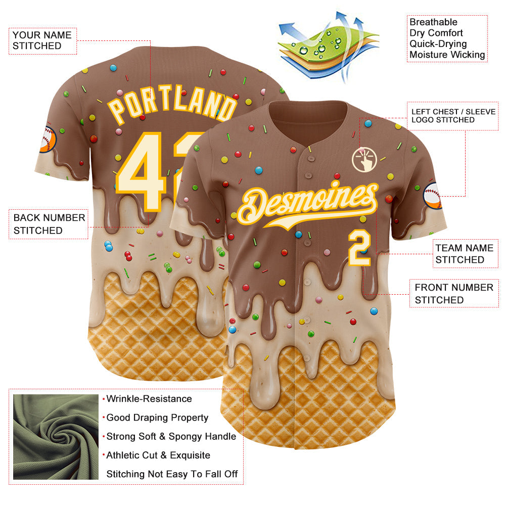 Custom Caramel Brown Cream-Gold Ice Cream Waffle Foodie Dessert Authentic Baseball Jersey view 4