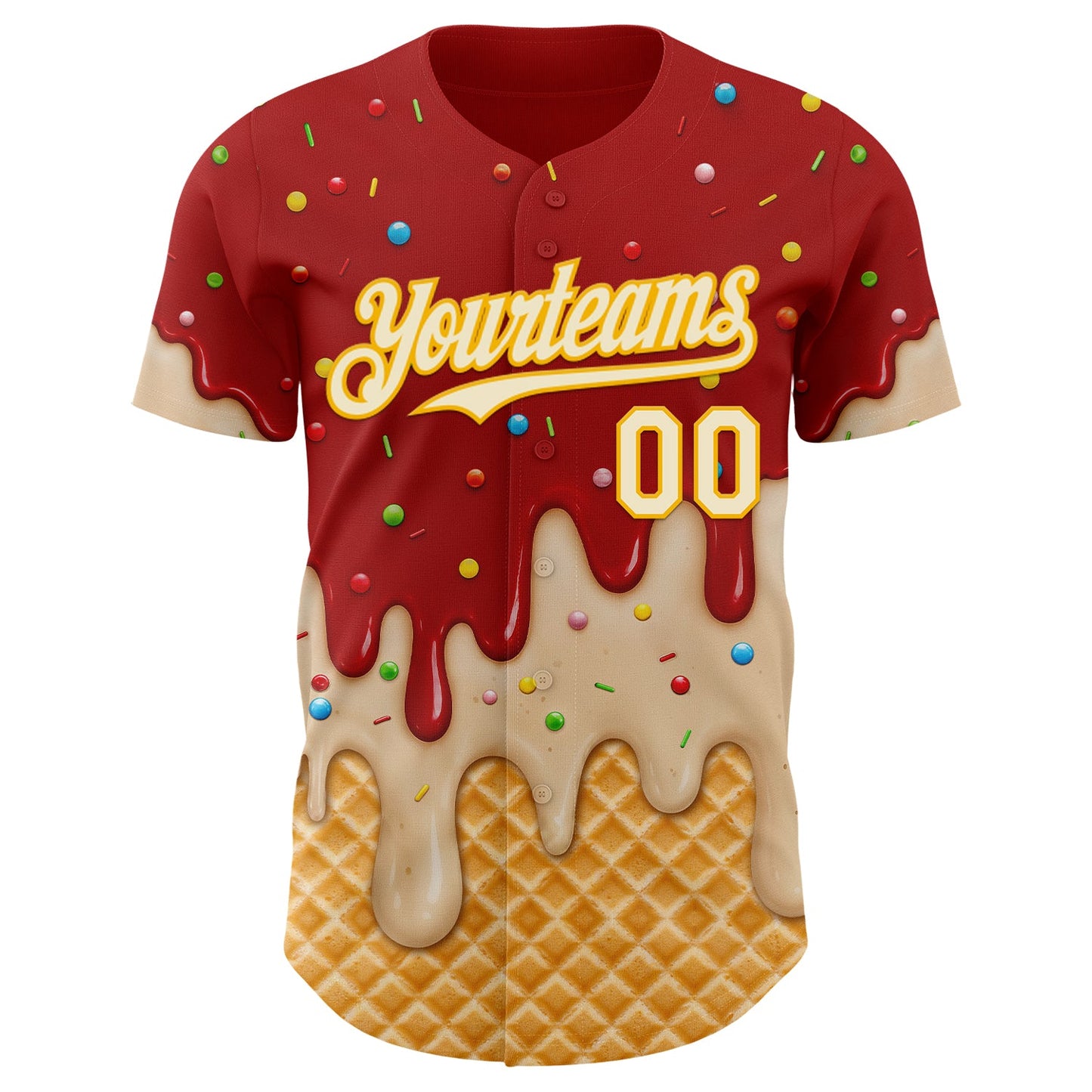 Custom Red Cream-Gold Ice Cream Waffle Foodie Dessert Authentic Baseball Jersey view 3