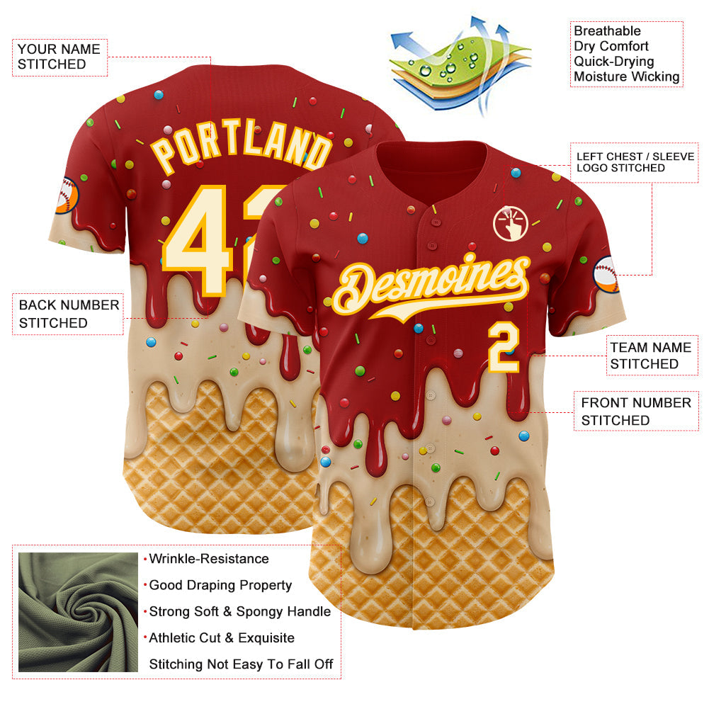 Custom Red Cream-Gold Ice Cream Waffle Foodie Dessert Authentic Baseball Jersey view 4