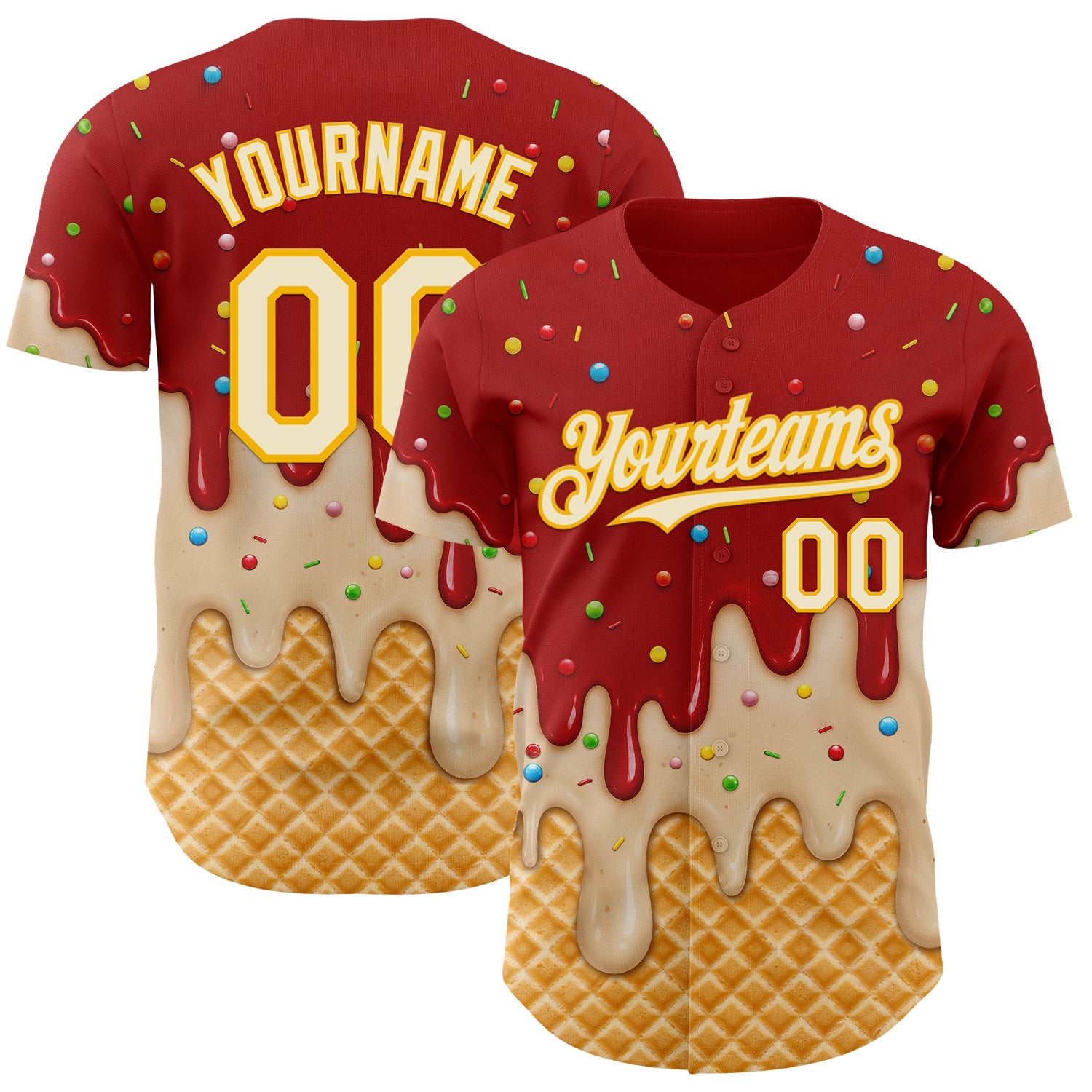Custom Red Cream-Gold Ice Cream Waffle Foodie Dessert Authentic Baseball Jersey - Main View
