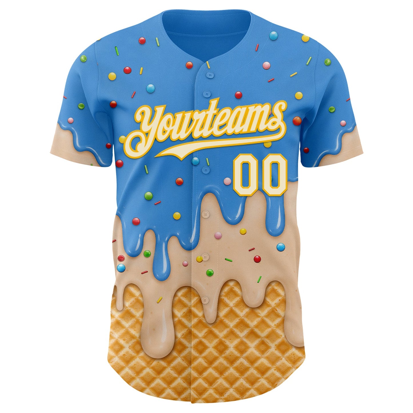 Custom Electric Blue Cream-Gold Ice Cream Waffle Foodie Dessert Authentic Baseball Jersey view 3