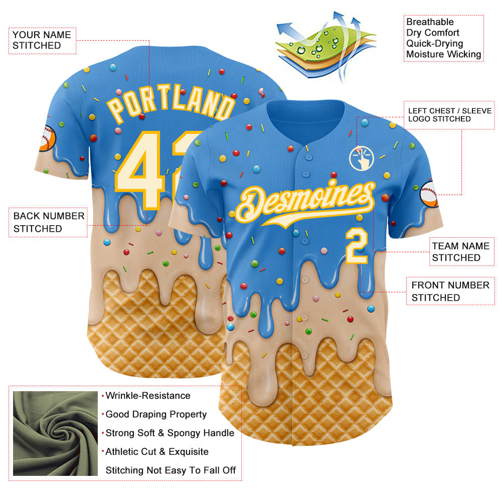Custom Electric Blue Cream-Gold Ice Cream Waffle Foodie Dessert Authentic Baseball Jersey view 4