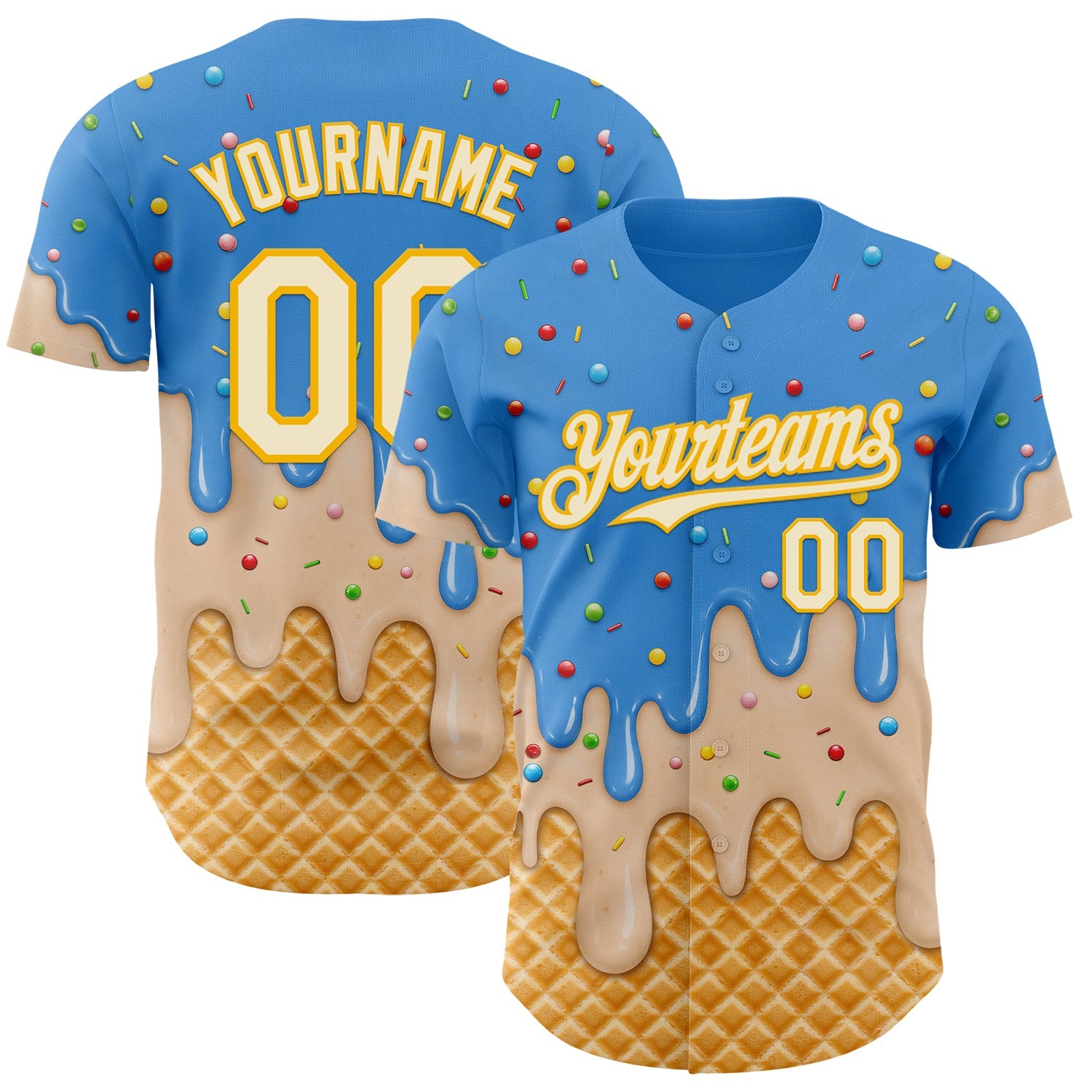 Custom Electric Blue Cream-Gold Ice Cream Waffle Foodie Dessert Authentic Baseball Jersey - Main View