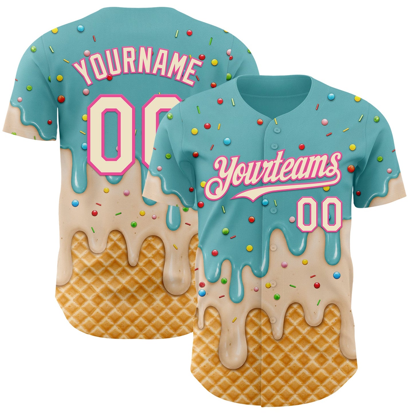 Custom Mint Aqua Cream-Pink Ice Cream Waffle Foodie Dessert Authentic Baseball Jersey - Main View