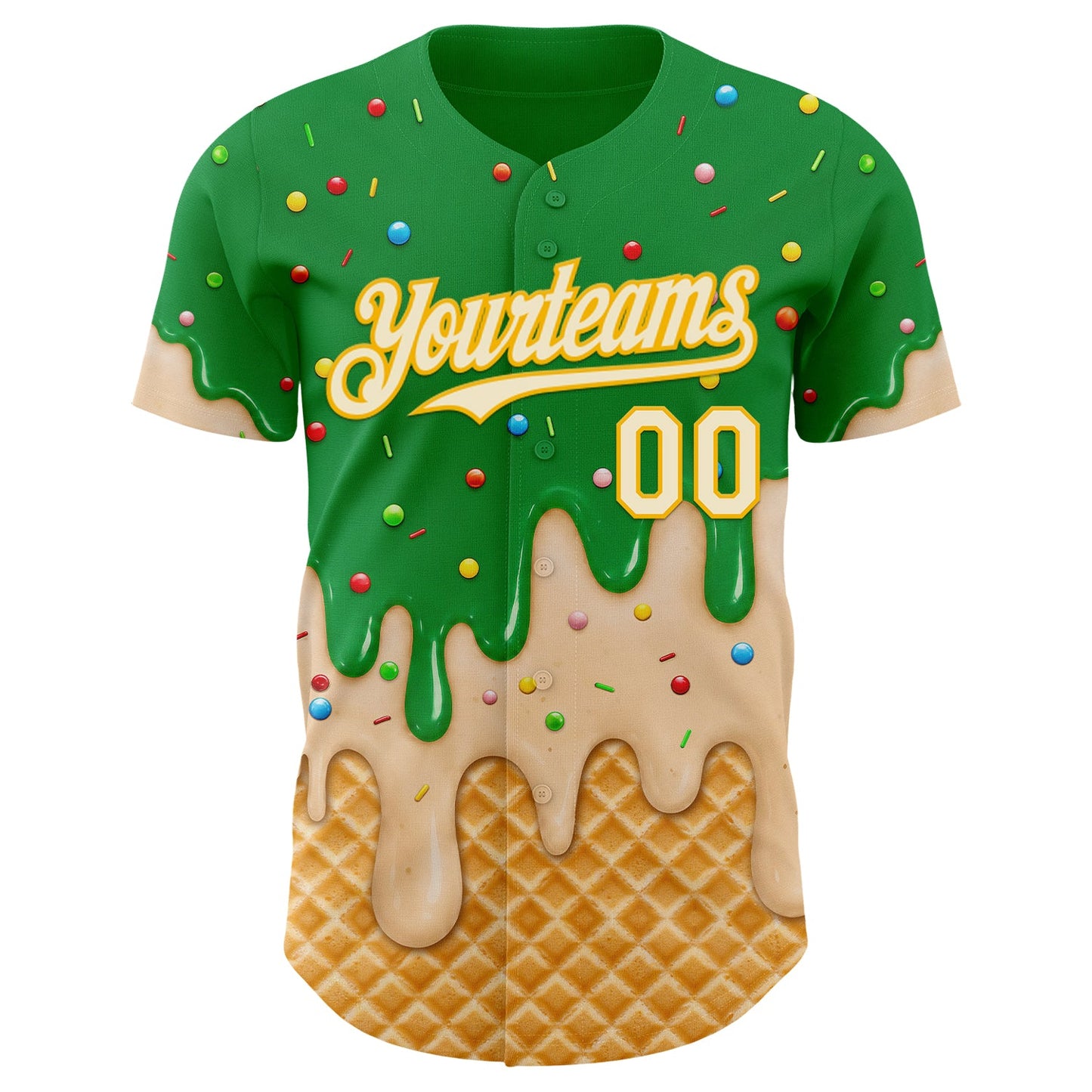 Custom Light Kelly Green Cream-Gold Ice Cream Waffle Foodie Dessert Authentic Baseball Jersey view 3