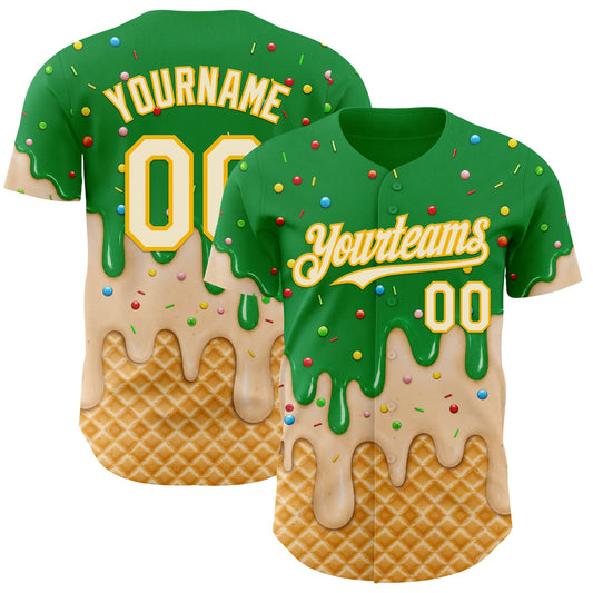 Custom Light Kelly Green Cream-Gold Ice Cream Waffle Foodie Dessert Authentic Baseball Jersey - Main View