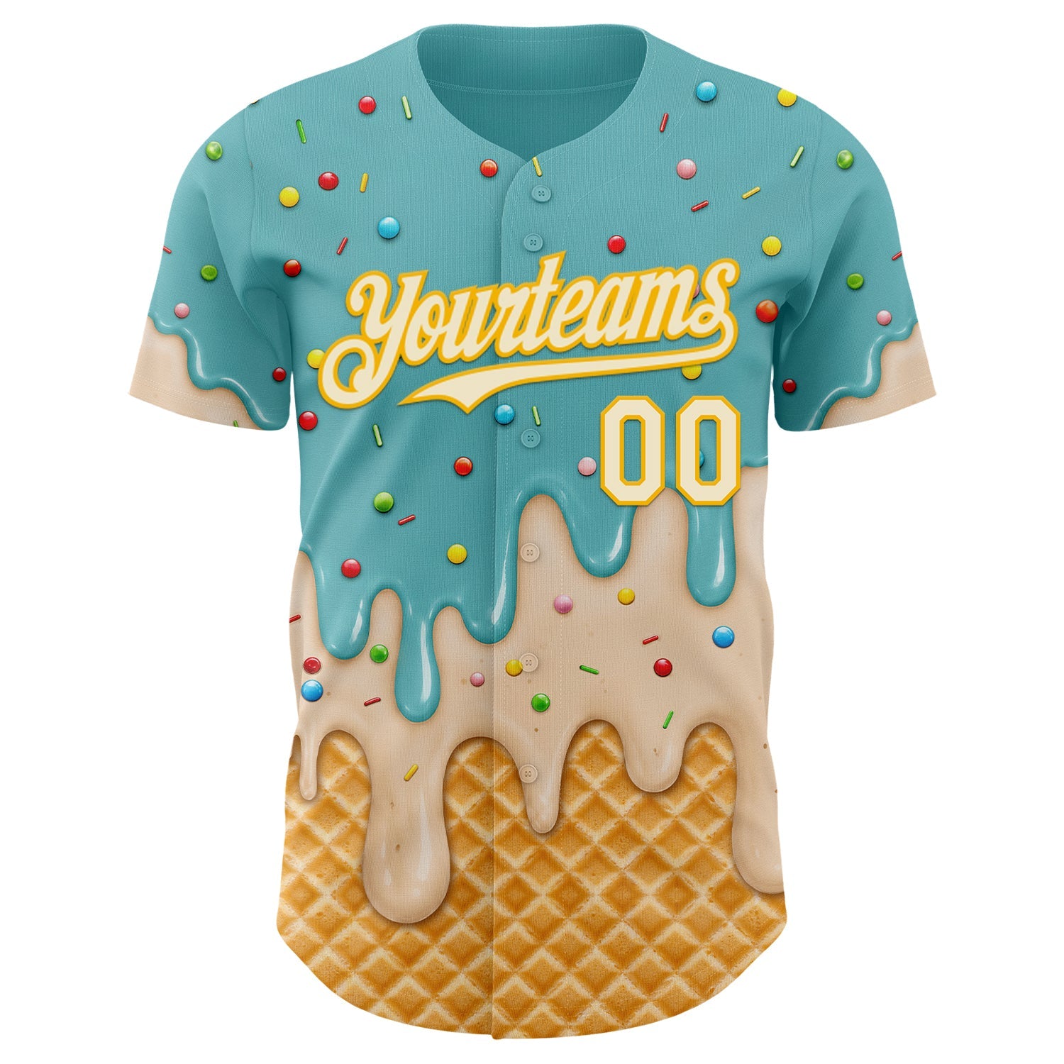 Custom Mint Aqua Cream-Gold Ice Cream Waffle Foodie Dessert Authentic Baseball Jersey view 3
