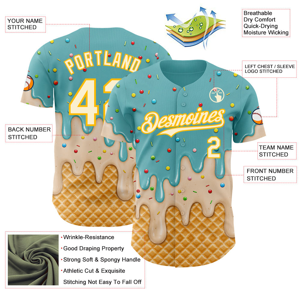 Custom Mint Aqua Cream-Gold Ice Cream Waffle Foodie Dessert Authentic Baseball Jersey view 4