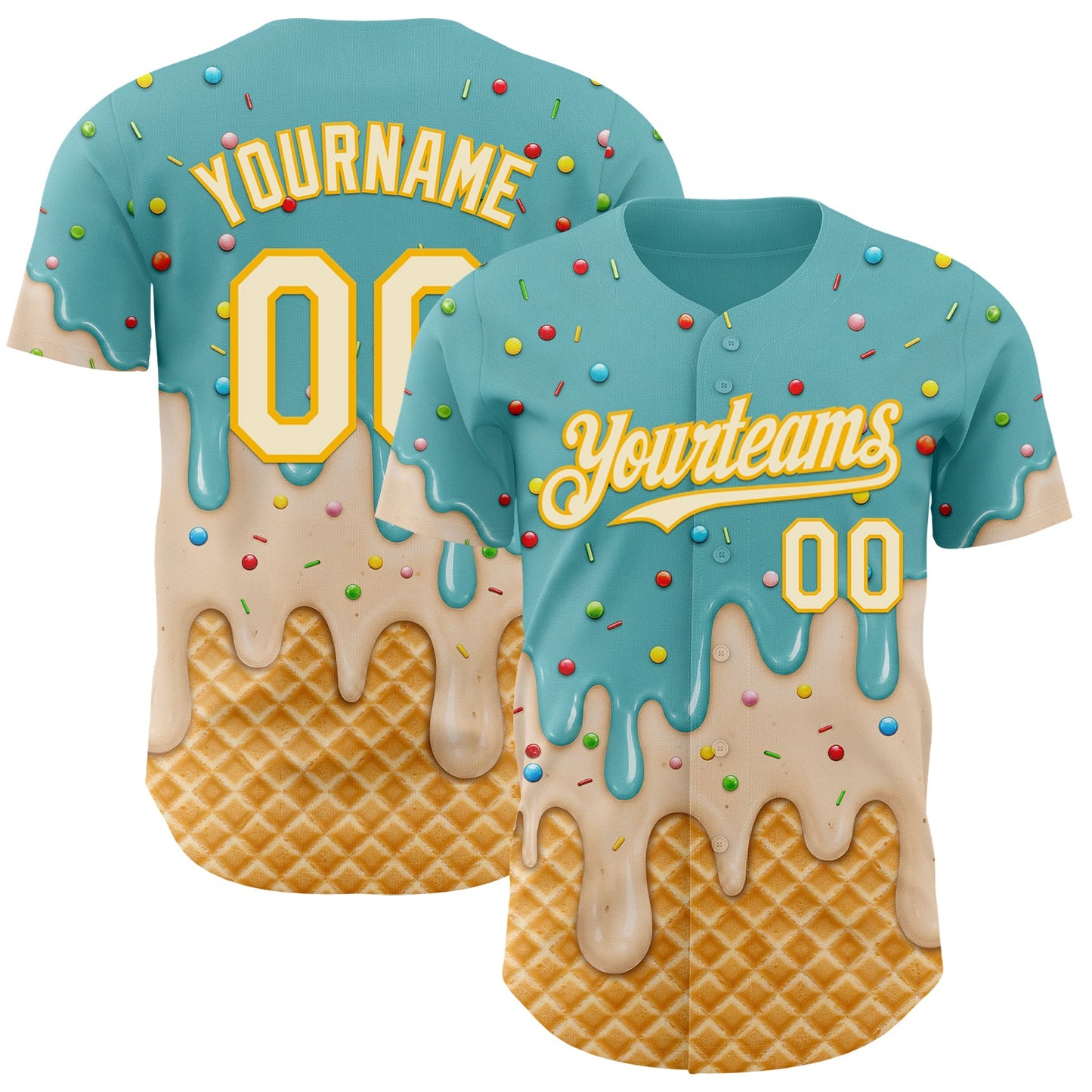 Custom Mint Aqua Cream-Gold Ice Cream Waffle Foodie Dessert Authentic Baseball Jersey - Main View
