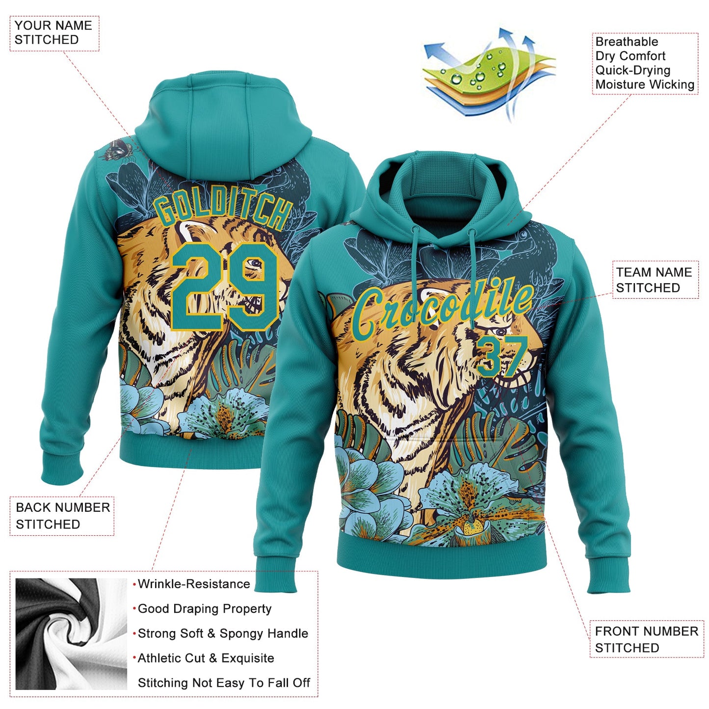 Custom Stitched Teal Yellow 3D Pattern Design Tiger And Flower Sports Pullover Sweatshirt Hoodie view 2