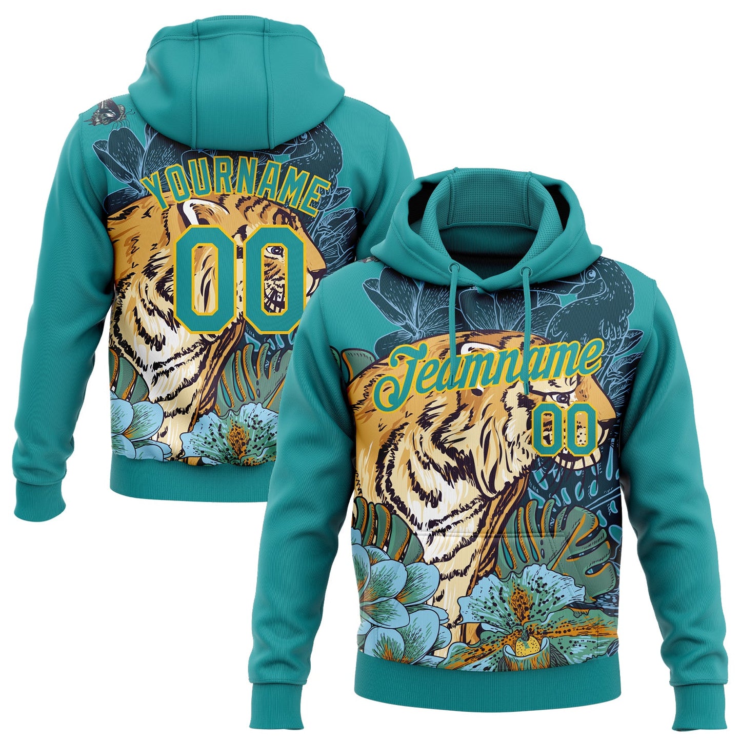 Custom Stitched Teal Yellow 3D Pattern Design Tiger And Flower Sports Pullover Sweatshirt Hoodie - Main View