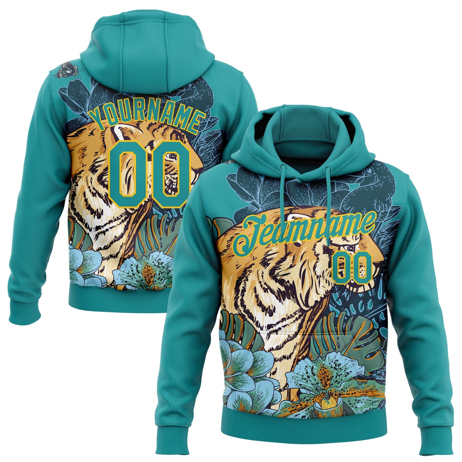 Custom Stitched Teal Yellow 3D Pattern Design Tiger And Flower Sports Pullover Sweatshirt Hoodie - Main View