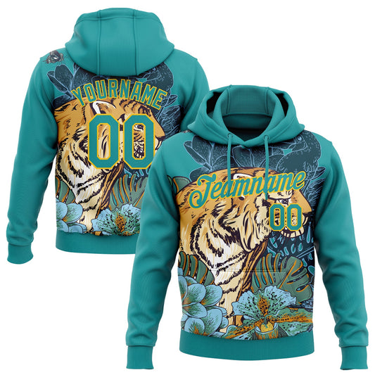 Custom Stitched Teal Yellow 3D Pattern Design Tiger And Flower Sports Pullover Sweatshirt Hoodie - Main View