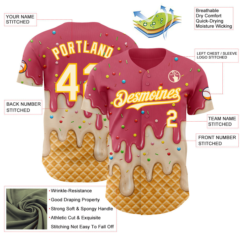 Custom Medium Red Cream-Gold Ice Cream Waffle Foodie Dessert Authentic Baseball Jersey view 4
