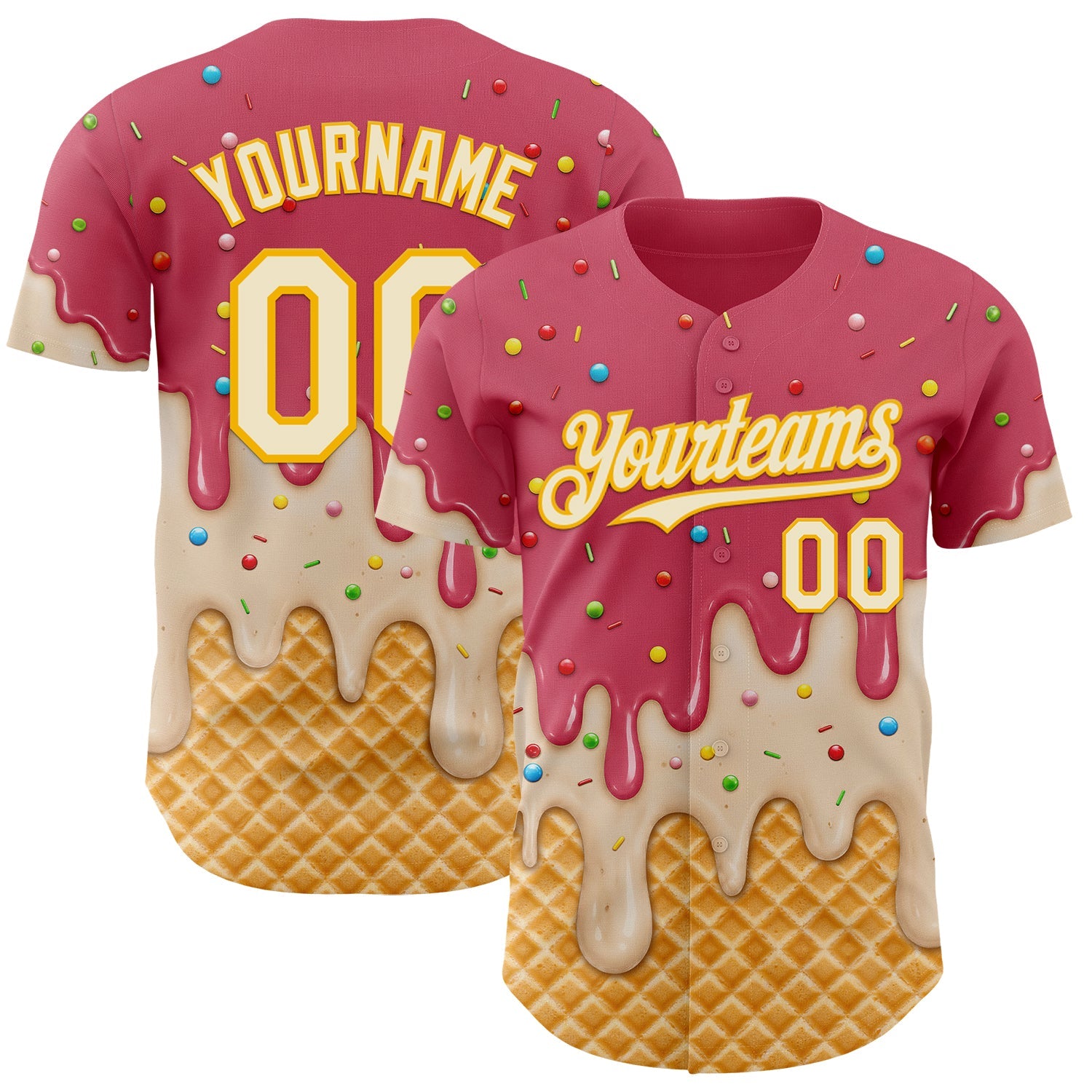 Custom Medium Red Cream-Gold Ice Cream Waffle Foodie Dessert Authentic Baseball Jersey - Main View
