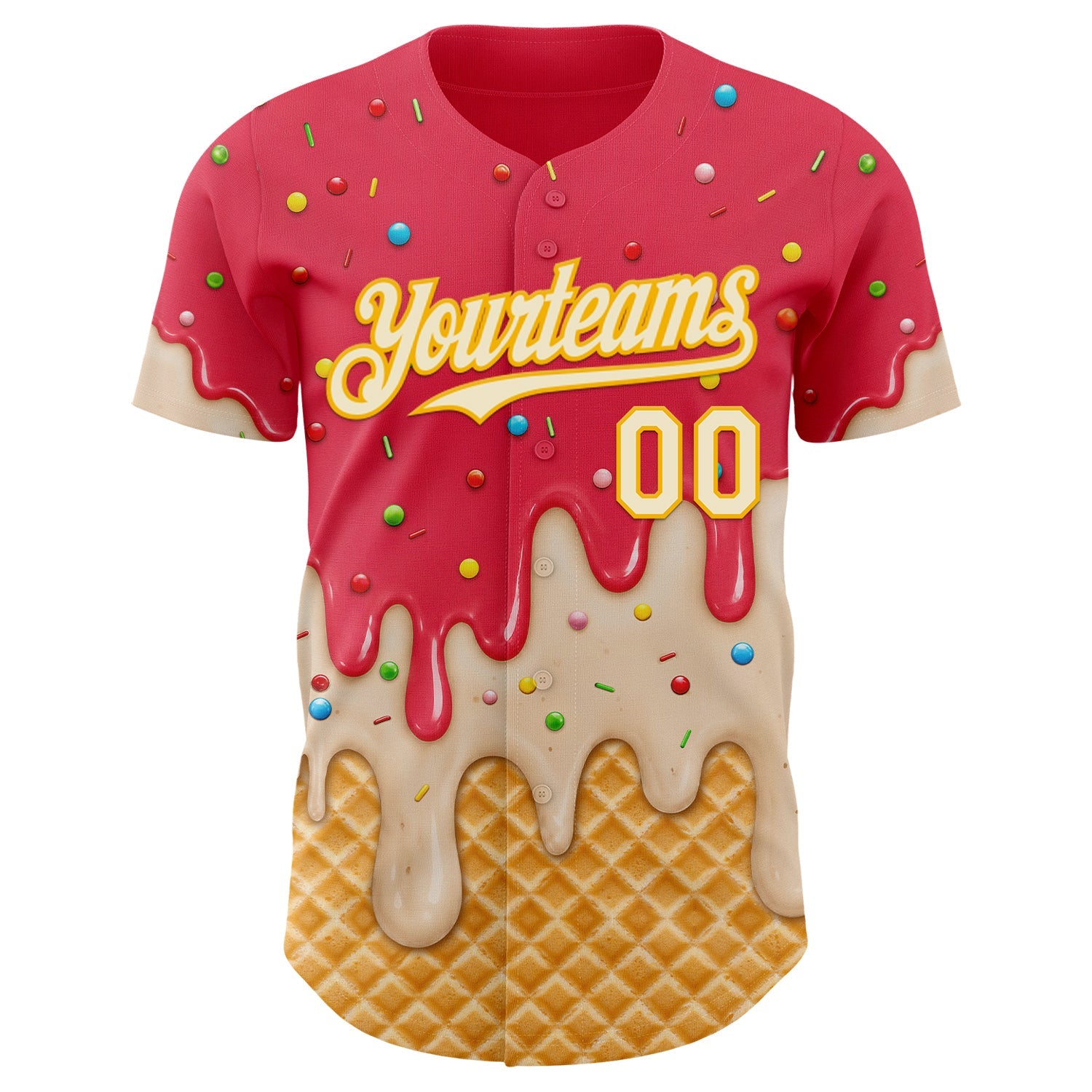 Custom Coral Red Cream-Gold Ice Cream Waffle Foodie Dessert Authentic Baseball Jersey view 3