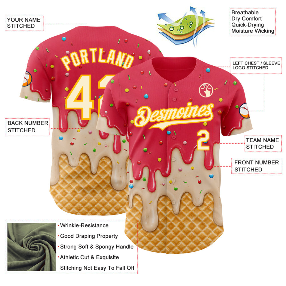 Custom Coral Red Cream-Gold Ice Cream Waffle Foodie Dessert Authentic Baseball Jersey view 4