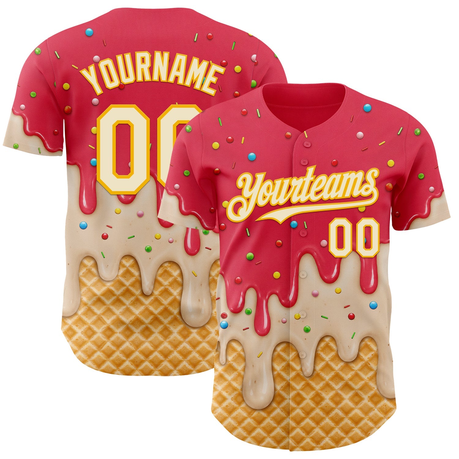 Custom Coral Red Cream-Gold Ice Cream Waffle Foodie Dessert Authentic Baseball Jersey - Main View