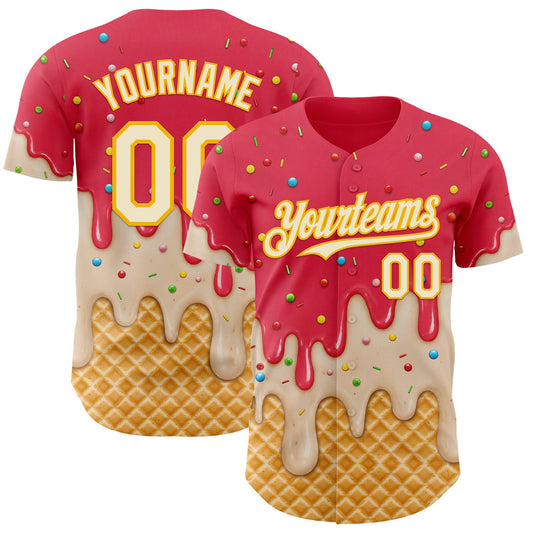 Custom Coral Red Cream-Gold Ice Cream Waffle Foodie Dessert Authentic Baseball Jersey - Main View