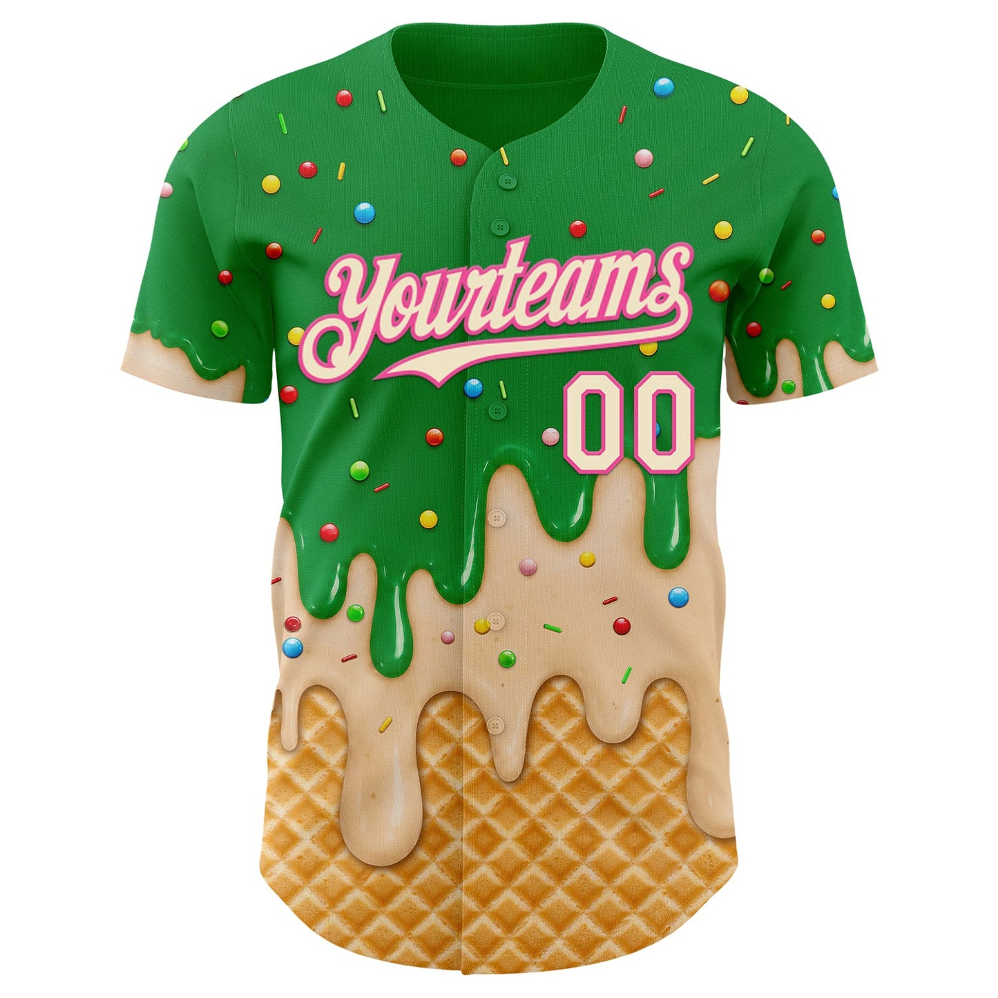 Custom Light Kelly Green Cream-Pink Ice Cream Waffle Foodie Dessert Authentic Baseball Jersey view 3
