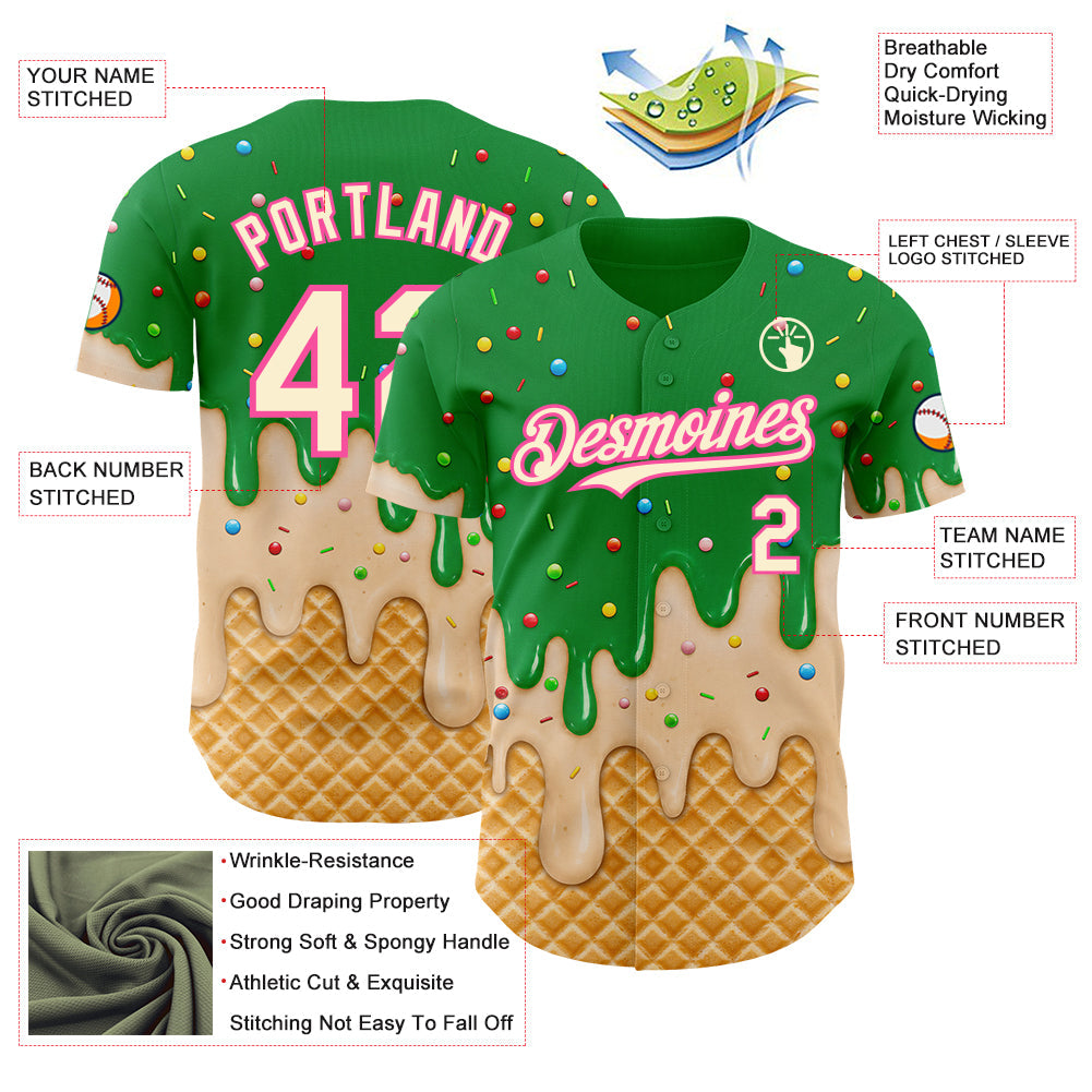 Custom Light Kelly Green Cream-Pink Ice Cream Waffle Foodie Dessert Authentic Baseball Jersey view 4