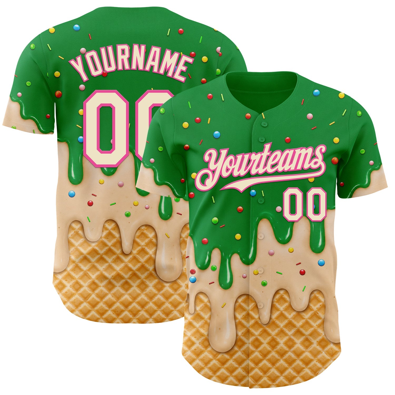Custom Light Kelly Green Cream-Pink Ice Cream Waffle Foodie Dessert Authentic Baseball Jersey - Main View