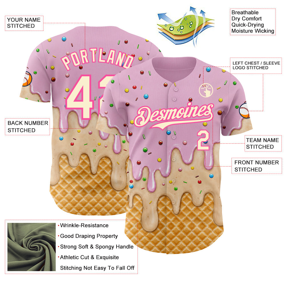 Custom Light Pink Cream-Pink Ice Cream Waffle Foodie Dessert Authentic Baseball Jersey view 4
