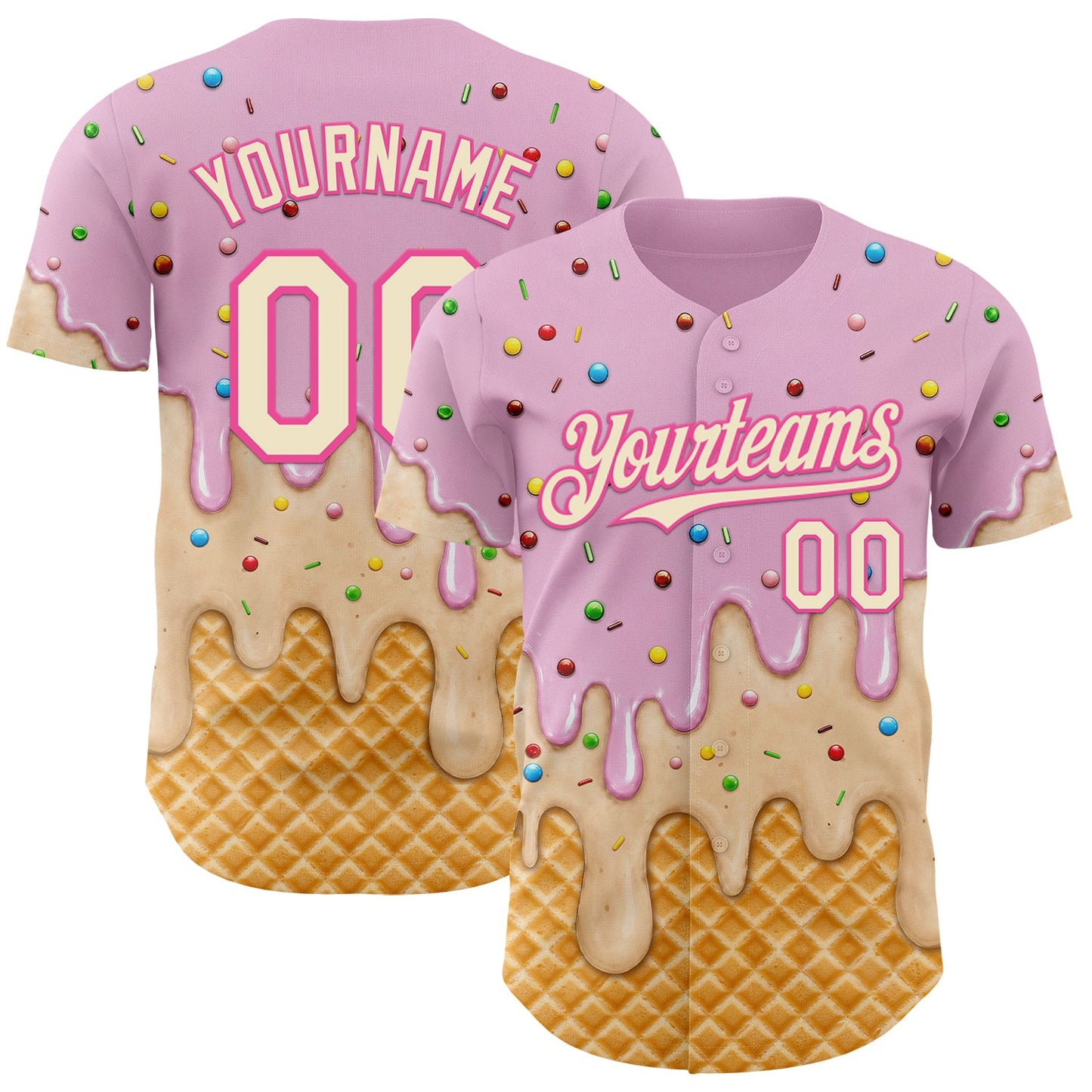 Custom Light Pink Cream-Pink Ice Cream Waffle Foodie Dessert Authentic Baseball Jersey - Main View