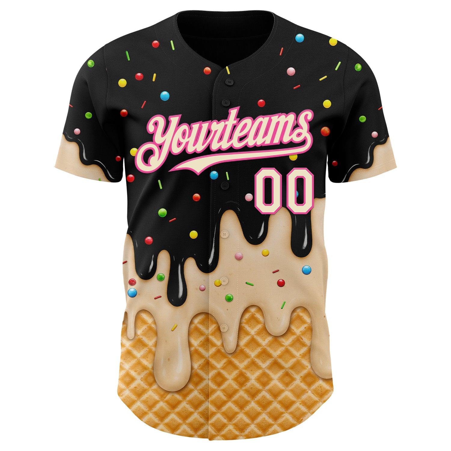 Custom Black Cream-Pink Ice Cream Waffle Foodie Dessert Authentic Baseball Jersey view 3