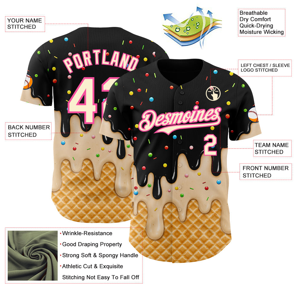 Custom Black Cream-Pink Ice Cream Waffle Foodie Dessert Authentic Baseball Jersey view 4