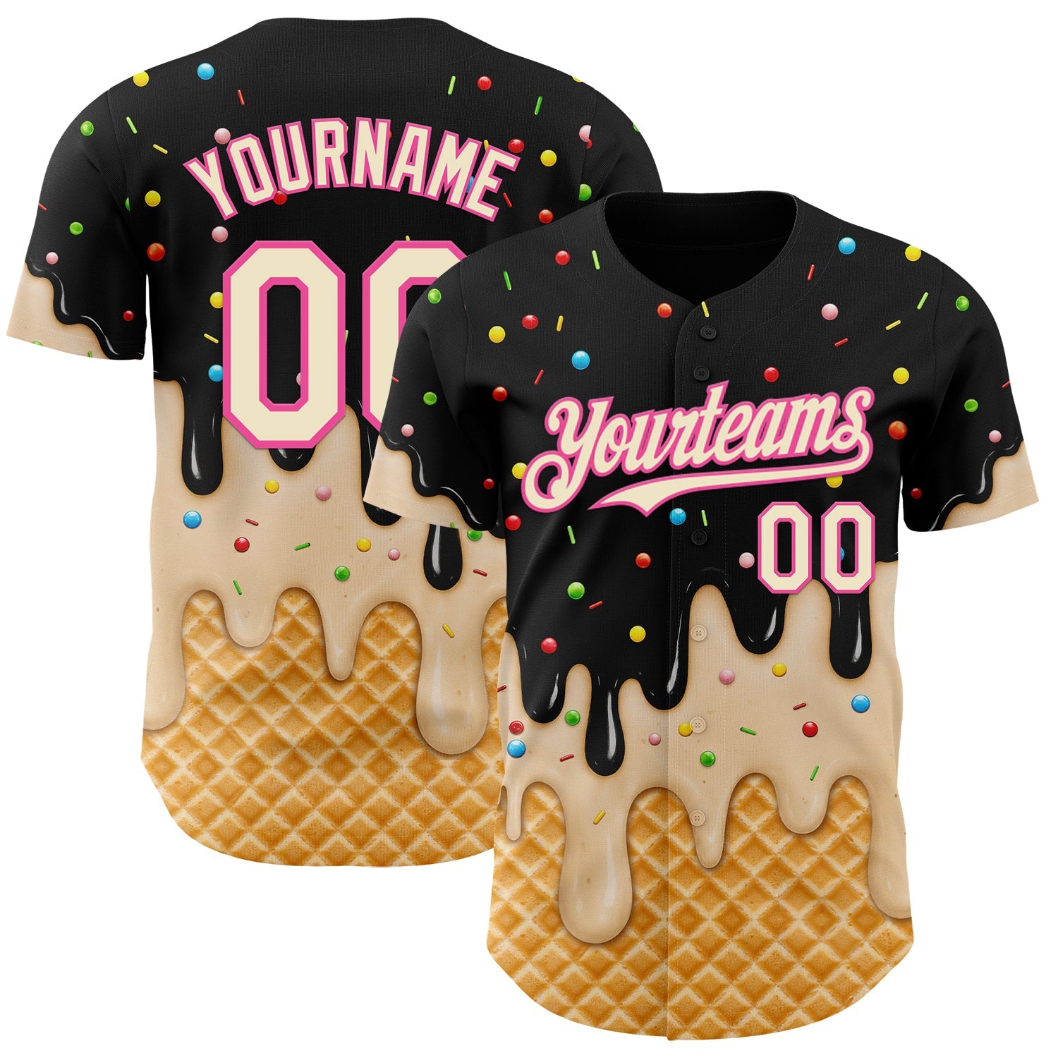 Custom Black Cream-Pink Ice Cream Waffle Foodie Dessert Authentic Baseball Jersey - Main View