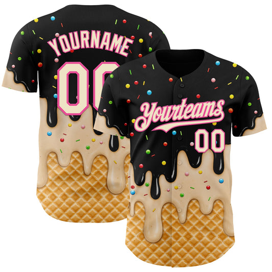 Custom Black Cream-Pink Ice Cream Waffle Foodie Dessert Authentic Baseball Jersey - Main View