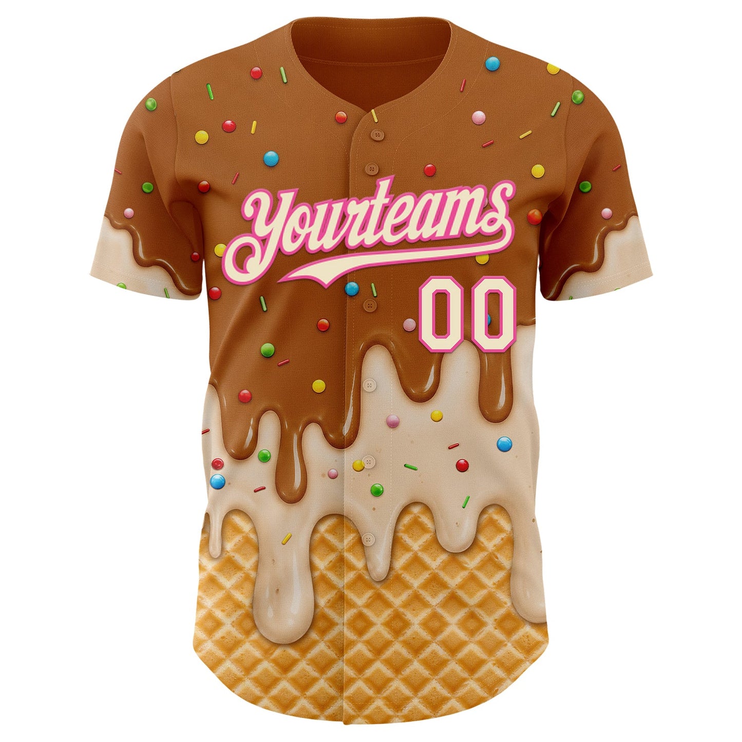 Custom Chocolate Brown Cream-Pink Ice Cream Waffle Foodie Dessert Authentic Baseball Jersey view 3