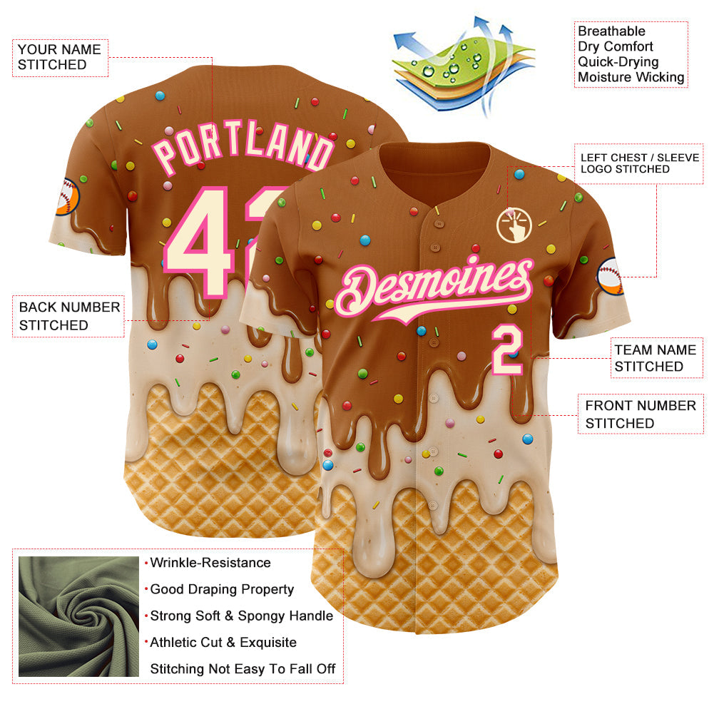 Custom Chocolate Brown Cream-Pink Ice Cream Waffle Foodie Dessert Authentic Baseball Jersey view 4