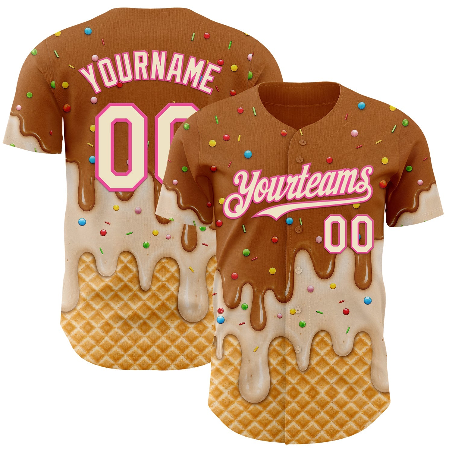 Custom Chocolate Brown Cream-Pink Ice Cream Waffle Foodie Dessert Authentic Baseball Jersey - Main View