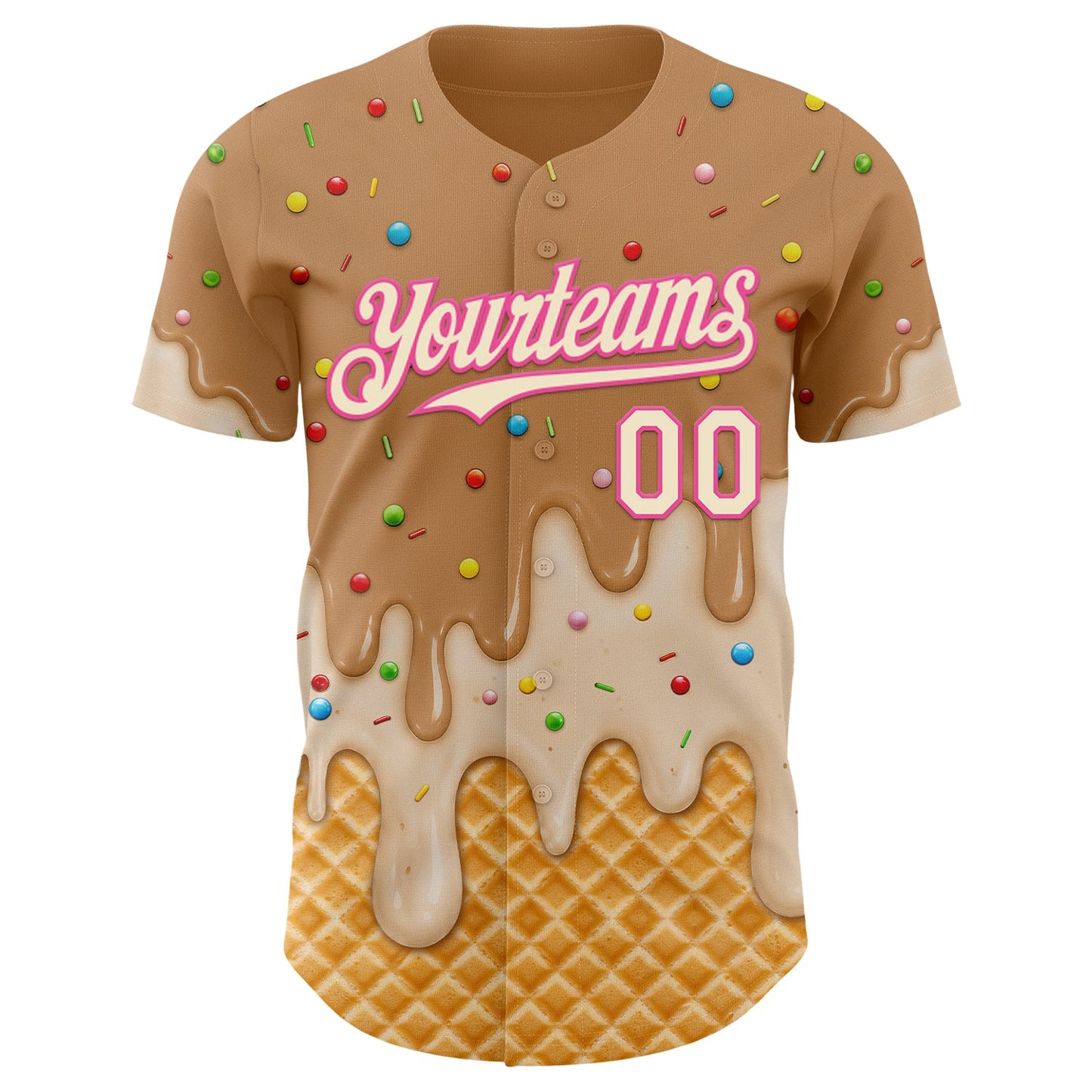 Custom Tan Cream-Pink Ice Cream Waffle Foodie Dessert Authentic Baseball Jersey view 3