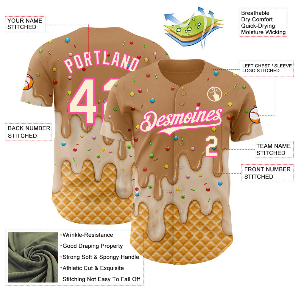 Custom Tan Cream-Pink Ice Cream Waffle Foodie Dessert Authentic Baseball Jersey view 4
