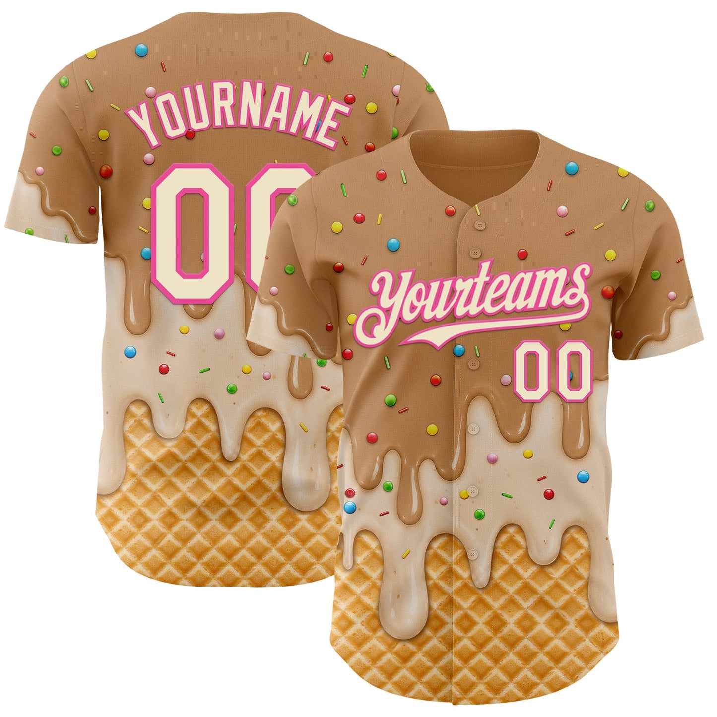 Custom Tan Cream-Pink Ice Cream Waffle Foodie Dessert Authentic Baseball Jersey - Main View