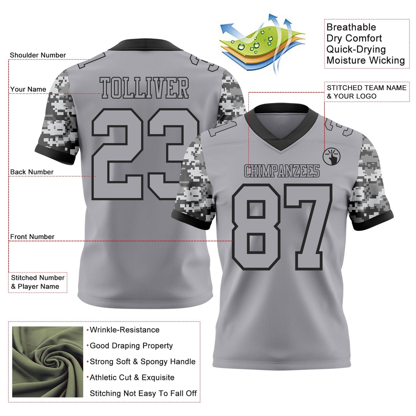 Custom Gray-Black Authentic Camo Two Tone Salute To Service 7V7 Flag Football Jersey view 2