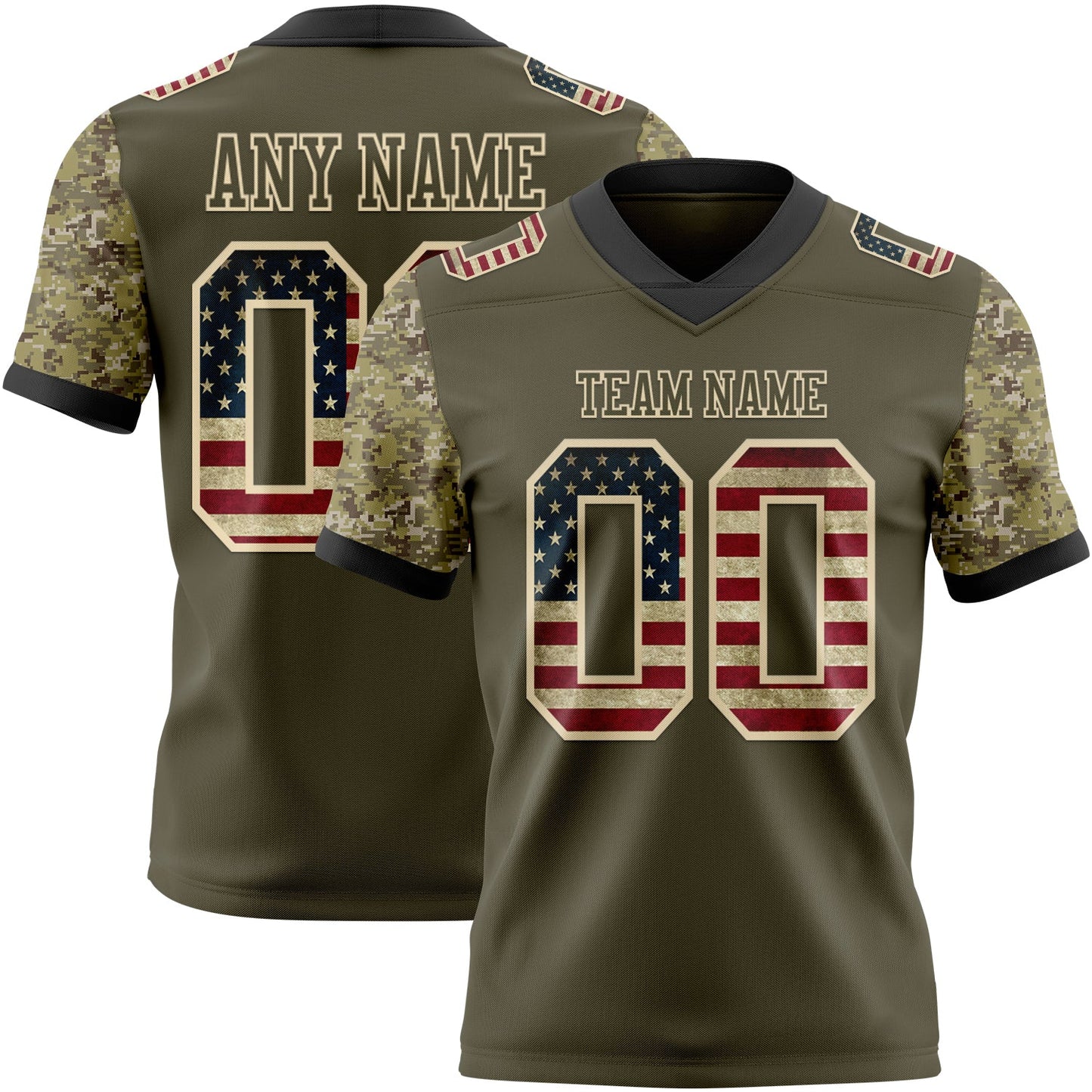 Custom Olive Vintage USA Flag-Cream Authentic Camo Two Tone Salute To Service 7V7 Flag Football Jersey - Main View