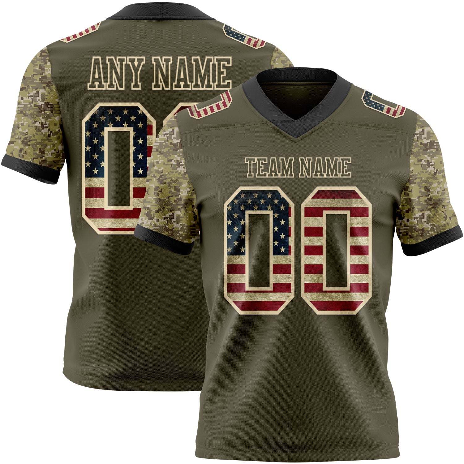 Custom Olive Vintage USA Flag-Cream Authentic Camo Two Tone Salute To Service 7V7 Flag Football Jersey - Main View