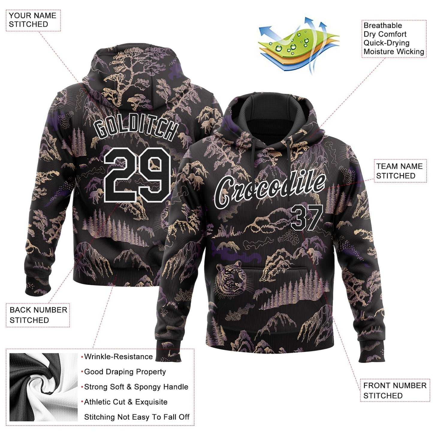 Custom Stitched Black White 3D Pattern Design Tiger And Landscape Sports Pullover Sweatshirt Hoodie view 2