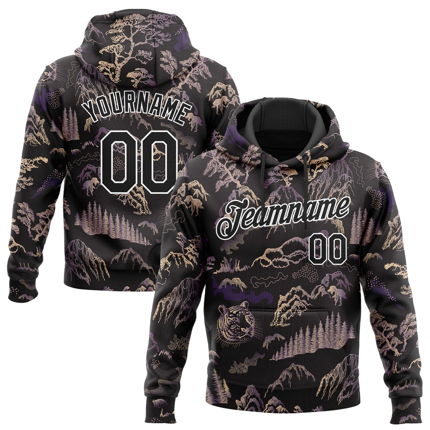 Custom Stitched Black White 3D Pattern Design Tiger And Landscape Sports Pullover Sweatshirt Hoodie - Main View