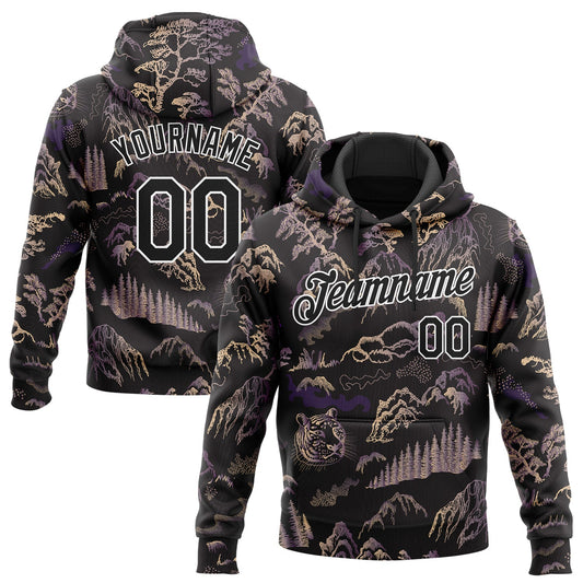 Custom Stitched Black White 3D Pattern Design Tiger And Landscape Sports Pullover Sweatshirt Hoodie - Main View