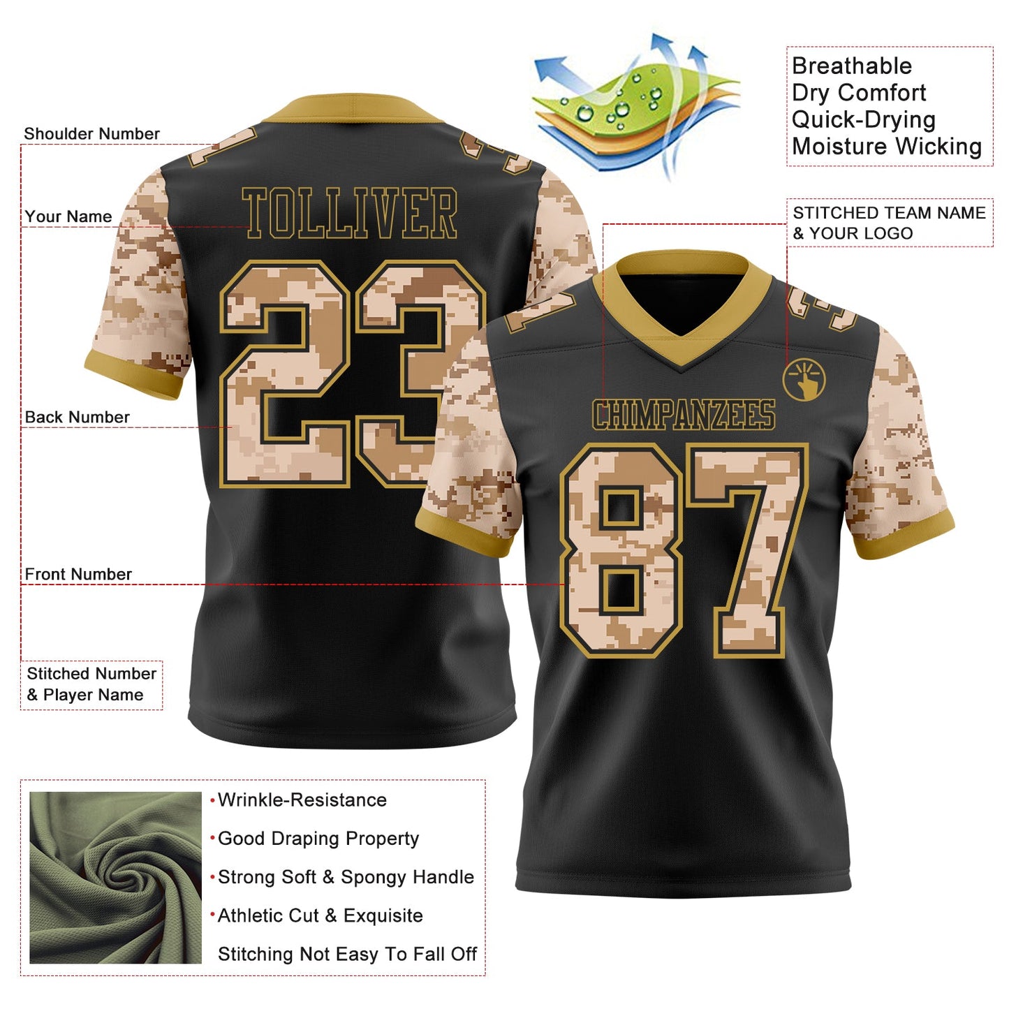 Custom Black-Old Gold Authentic Camo Two Tone Salute To Service 7V7 Flag Football Jersey view 2