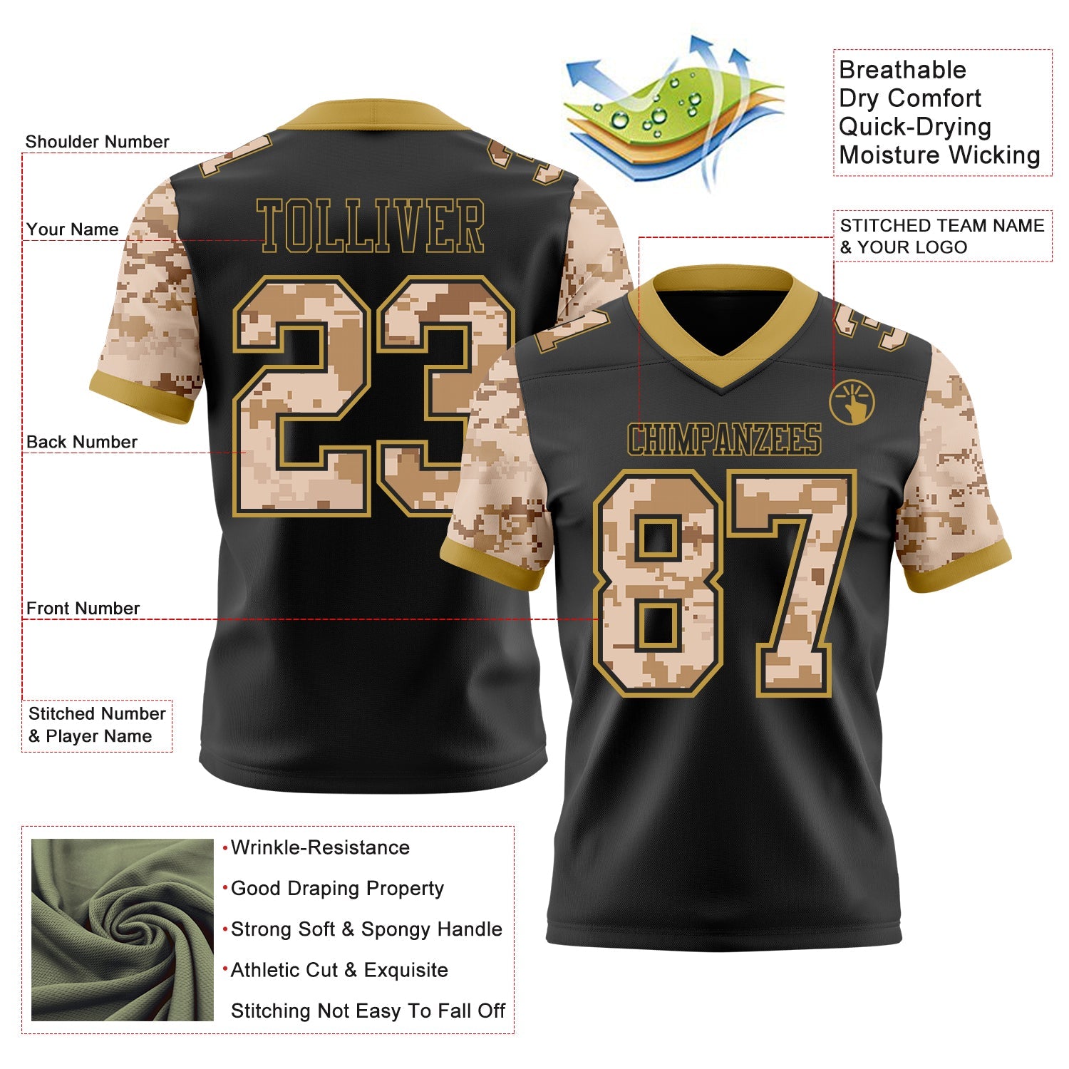 Custom Black-Old Gold Authentic Camo Two Tone Salute To Service 7V7 Flag Football Jersey view 2