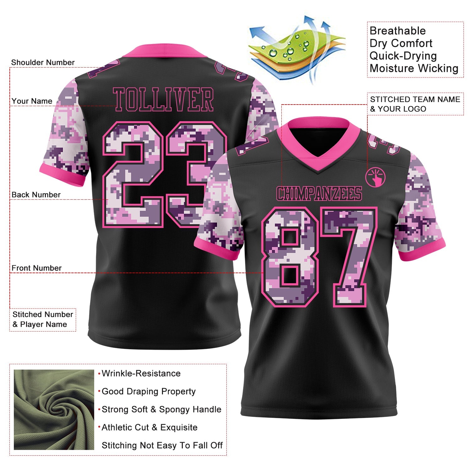 Custom Black-Pink Authentic Camo Two Tone Salute To Service 7V7 Flag Football Jersey view 2