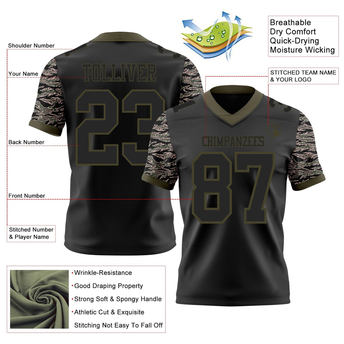 Custom Black-Olive Authentic Camo Two Tone Salute To Service 7V7 Flag Football Jersey view 2