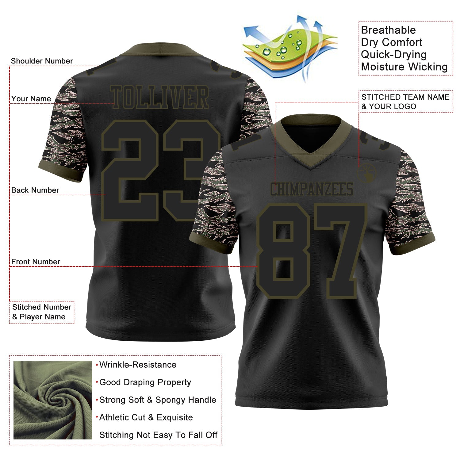 Custom Black-Olive Authentic Camo Two Tone Salute To Service 7V7 Flag Football Jersey view 2
